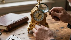 Эксперт изучает старинные часы с лупой, следуя гайду по оценке антиквариата для страхования загородных домов